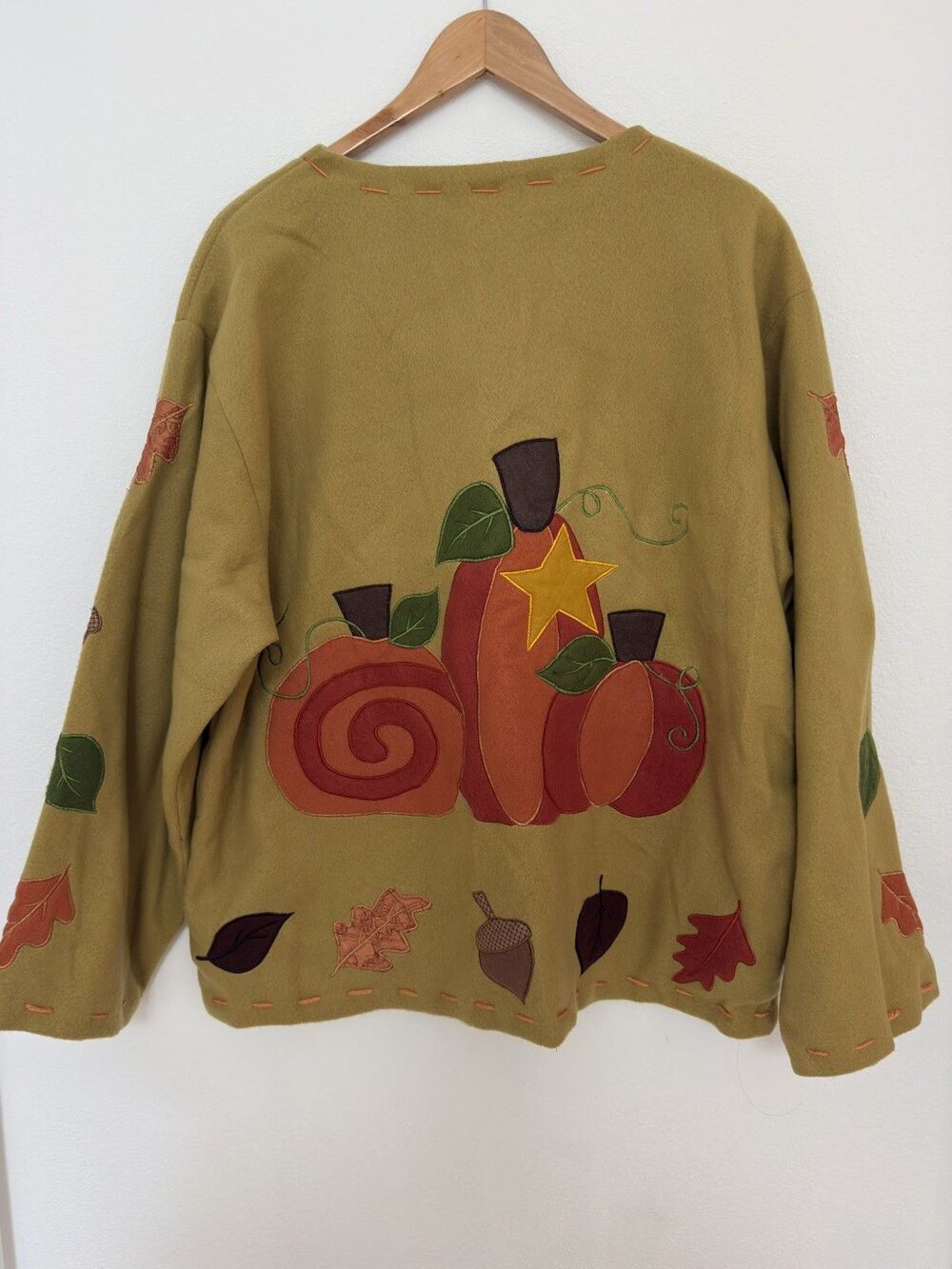 VTG 90s Y2K Autumn Pumpkin Leaf Applique Fleece Jacket Mustard Cardigan L Lined - Picture 3 of 16
